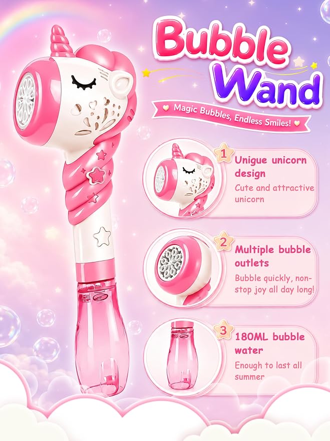 Unicorn Bubble Machine Wand Gifts for Kids Toddlers Age 1 2 3 4 5 6 7 8 Years Old Birthday Party Unique Cute Baby Outdoor Outside Summer Toy Easter Day Game for Little Girl Boy Include Solution Pink