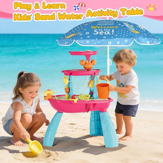 Kids Sand Water Table for Toddlers with Umbrella/Water Pumb, 3-Tier Outdoor Water Sand Play Table Beach Toys, Summer Splash Activity Sensory Table Party Birthday Gift for Kids 3 4 5 6 7 8(Red)