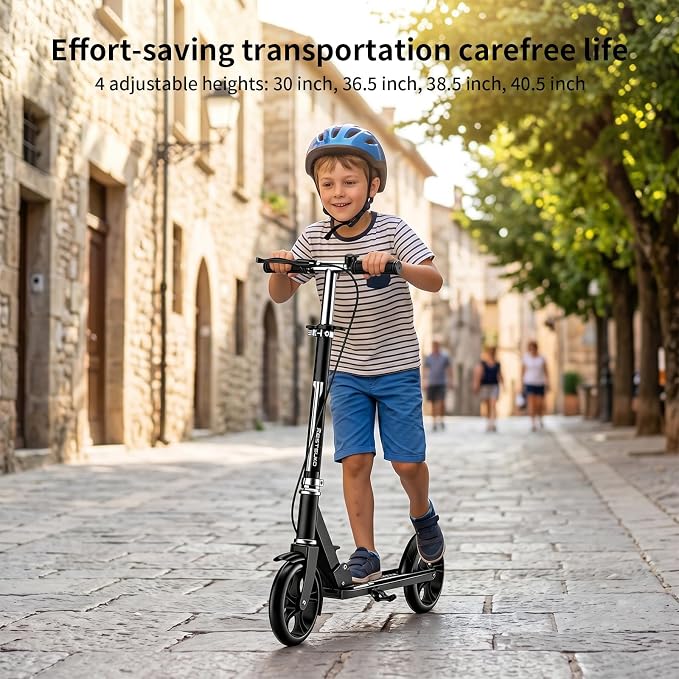 Scooters for Kids 8-12, Teens & Adults - Foldable&Portable Commuter Scooter with 8" Wheels, Bell, Hand Brake & Adjustable Height 30"-40.5", 240 lbs, Manual Push Scooter for Campus & Park