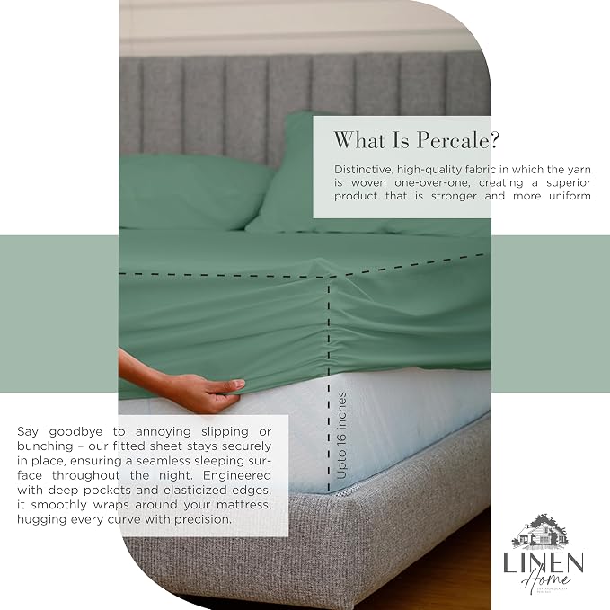 Linen Home 100% Cotton Percale Sheets Queen Size, Frosty Green, Deep Pocket, 4 Pieces Set- 1 Flat, 1 Fitted and 2 Pillowcases, Crisp Cool and Long Staple Strong Bed Linen