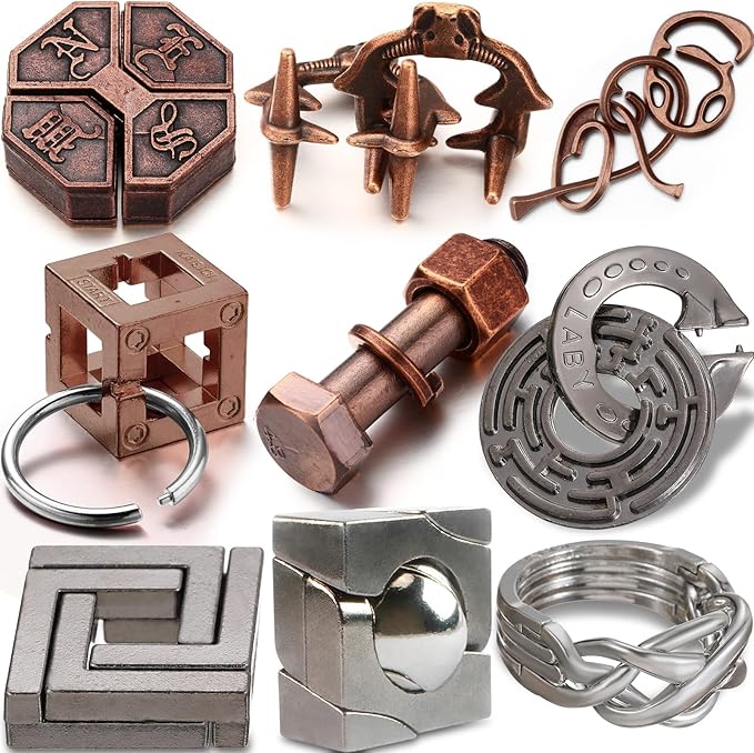 Wettarn 9 Pcs Metal Brain Teaser Puzzles 3D Steel Puzzle Set for Adults IQ Logic Challenge Disentanglement Unlock Interlocking Games Smart Logic Test Toys for Adults Mind Challenge(Diverting Style)