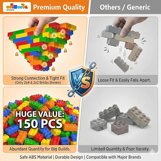 150 Pcs Jumbo Building Blocks Set for Toddlers (100 Square & 50 Rectangle) | Compatible Big Construction Bricks in 5 Colors | Kids Ages 3+ STEM Toy