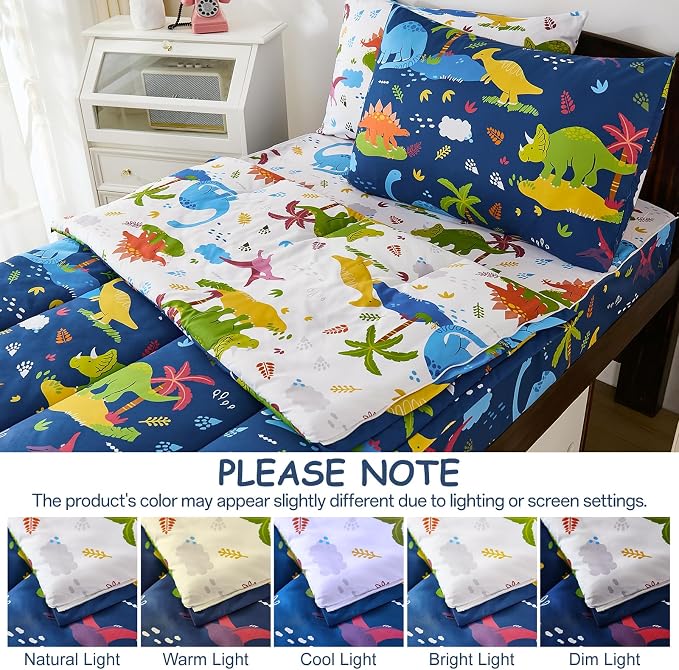 DJY Zipper Bedding Set Twin, Navy Blue Dinosaur Bedding Sets for Boys, Kids Comforter Set with Fitted Sheet Pillowcases, All in One Zipper Bed Set for All Seasons