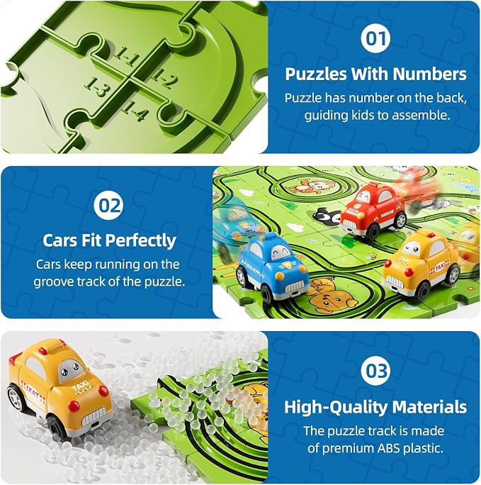 Bennol Toddler Car Toys Gifts for 2 3 4 5 Year Old Boys 73PCS Jigsaw Puzzle Race Track Car Set Toys for Kids Toddlers 1-3 2-4 3-5 4-6 Puzzle Race Car Tracks Birthday Gifts for 2 3 4 5 Year Old Boy