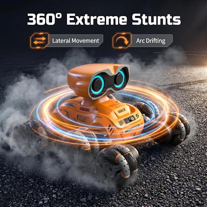 Robot Toys for Kids, 8 Wheels RC Stunt Car with LED Eyes, Lights & Music, Flexible Head, 360° Rotation, All-Terrain Remote Control Robot Car with Auto Demo, Gift for Boys Girls 3+ Years Old, Orange