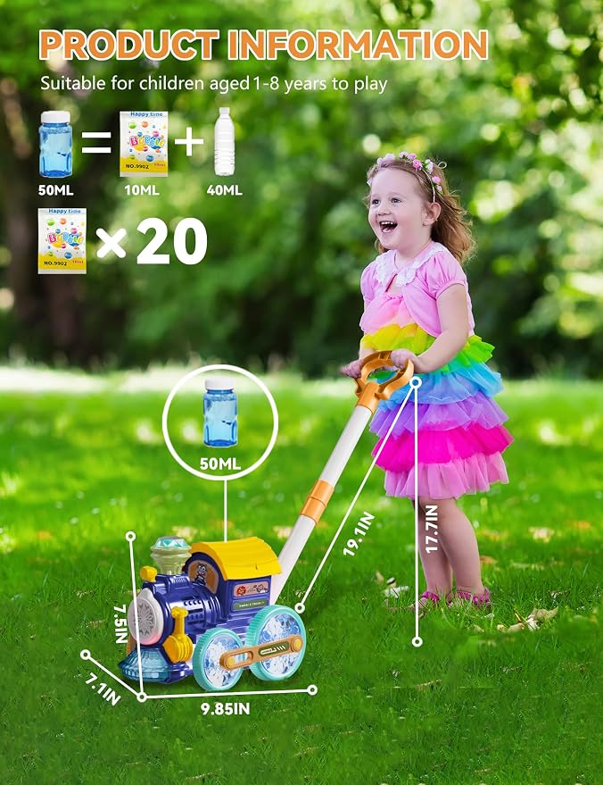 Bubble Machine,Bubble Blower Maker,Bubble Lawn Mower for Toddlers,Bubble Music Train with Light,Summer Outdoor Push Backyard Toys for 1-8 Ages,Christmas Birthday Gifts for Preschool Boys Girls (Blue)