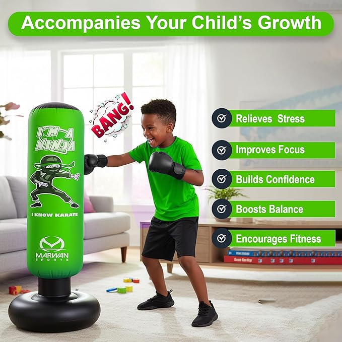 Marwan Sports Ninja Kids Punching Bag — Inflatable Sensory Toy & Birthday Gift for Boys & Girls Ages 4-12, 63" Freestanding 5-in-1 Kit, Indoor Apartment-Quiet Sensory-Friendly Active Play