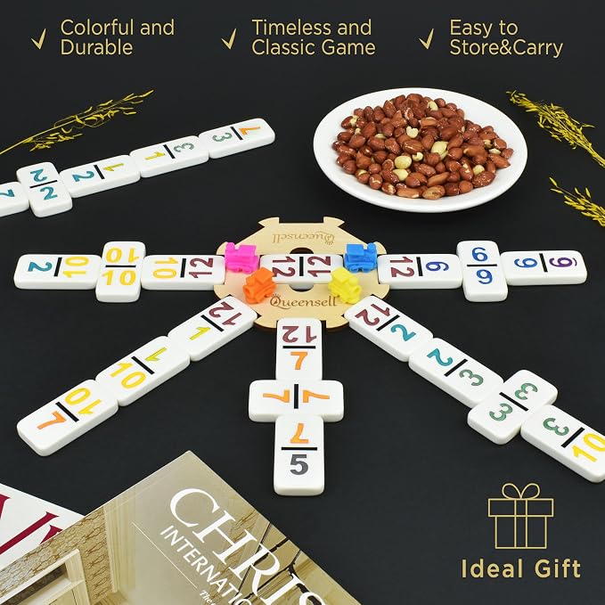 Queensell Mexican Train Dominoes Set with Numbers, Double 12 Dominoes Sets for Adults, Mexican Domino Train for Adults and Family - Domino Sets 91 Tiles with Aluminum Case