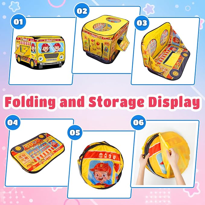 Pop Up Play Tent for Kids, Foldable Playhouse for Aged 3-5 Years Old Boys and Girls, Fast Food Truck, Hamburger Hot Dog Cart Indoor Outdoor Toy Tents for 4 5 6 3+ Kids Toddlers