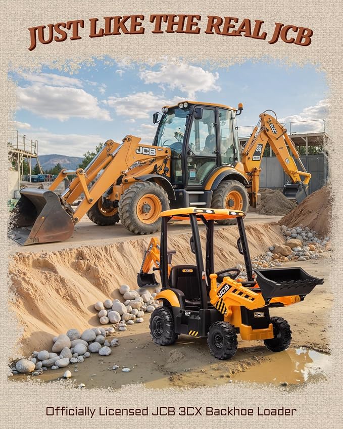 First Ride On JCB 12V Ride on Excavator for Kids with Remote Control, 3-in-1 Excavator, Bulldozer & Backhoe Ride on Toy, Kids Electric Construction Car with Reversible Seat, Canopy & Seat Belt (12V)