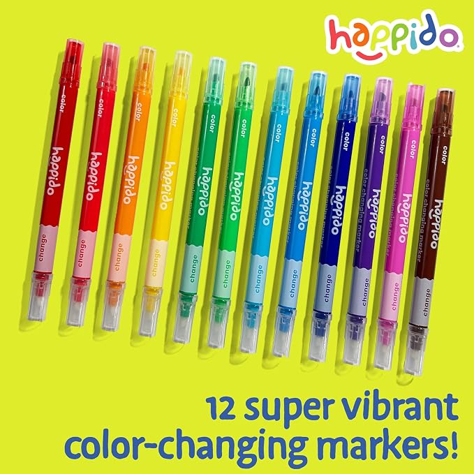 International Arrivals Double Sided Color Changing Marker Sets for Kids Happido, Set of 12 Chisel Tip Non Toxic Markers, Great School Supplies, Art and Stationery Set