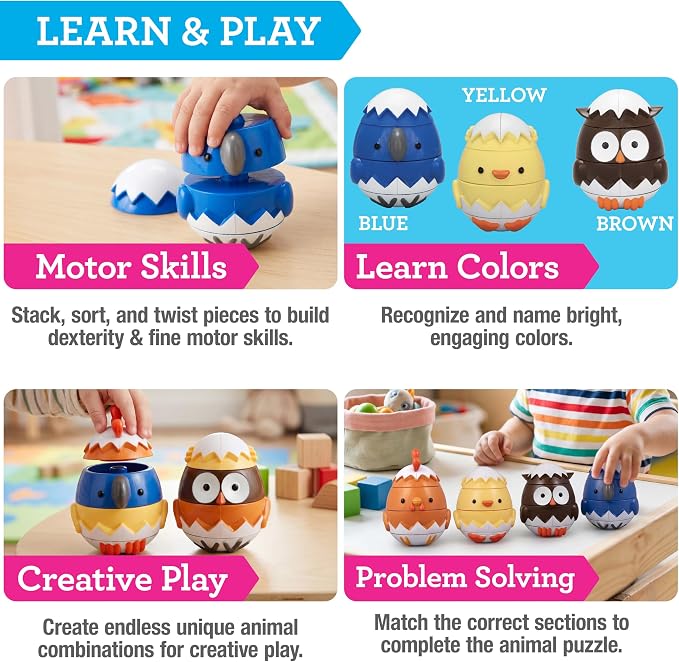 Egg Stacking & Sorting Animal Toys, Mix & Match Hatching Nesting Dolls (4 Farm Friends)- Fine Motor Skill Shape Sorters, Preschool Color Building Game Puzzle- Baby, Toddlers or Kids Montessori Gift