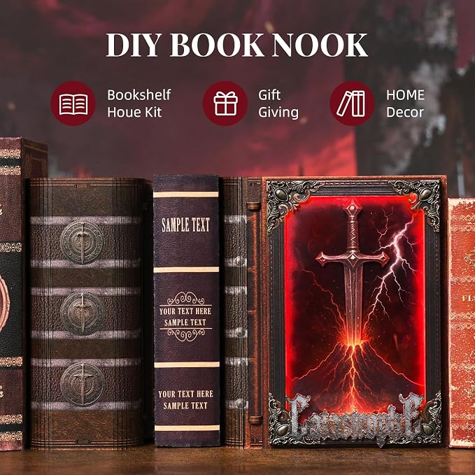 CCCDF Magic Book Nook Kit, DIY Miniature Dollhouse, 3D Wooden Puzzle Booknook Kit Bookend Bookshelf with LED Light for Adults Teens (Sword of Fire)