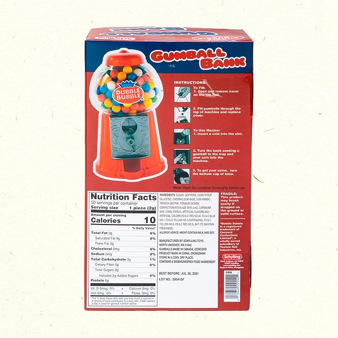 Schylling Brand Classic Retro Gumball Coin Bank - 8.5" Tall - Includes 45 Dubble Bubble Gumballs - Ages 3+