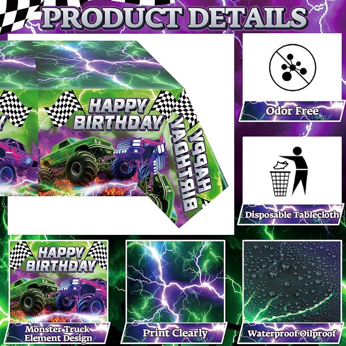 Mifoci 6 Pcs Monster Truck Birthday Party Tablecloths Monster Machine Table Covers Large Plastic Disposable 108 x 54 Inches for Truck Theme Kid's Boys Birthday Shower Party Supplies (Fresh)