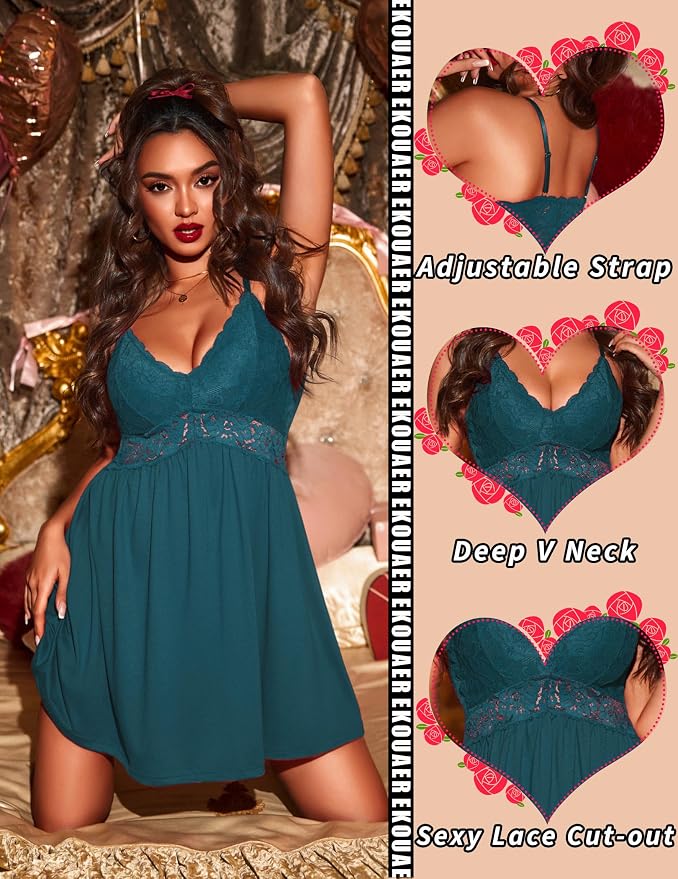 Ekouaer Lingerie for Women Sexy Nightgown Lace Trim Sleep Dress Chemise Nightgowns Sleeveless Night Gown Sleepwear S-3XL