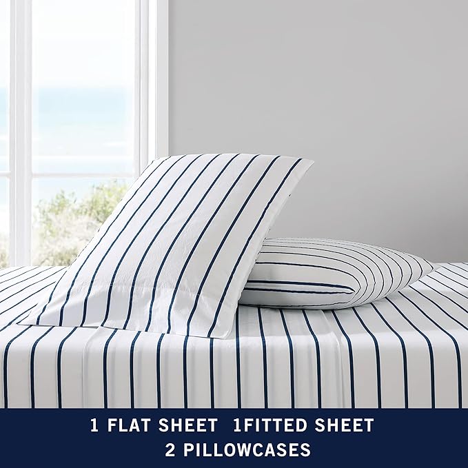 Nautica – Twin Size Sheet Set, Crisp Cotton Percale Bedding with Matching Pillowcase, Lightweight & Breathable Bed Sheets, Deep Pocket, College Dorm Room Essentials (Brenton Stripe Blue)