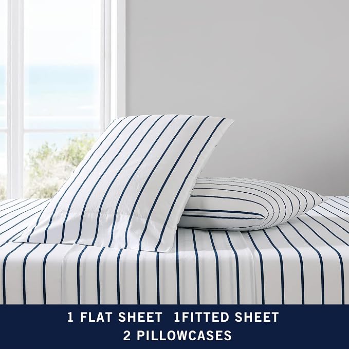 Nautica - Queen Sheet Set, Cotton Percale Bedding Set, Crisp & Cool, Lightweight & Breathable (Brenton Stripe Navy Blue, Queen)