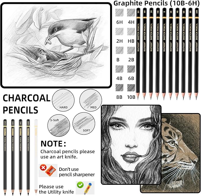 Drawing Sketch Pencil Set of 22 - Graphite Pencils (6H-10B), Black & White Charcoal Pencils, Art Pencil Kit for Sketching, Shading & Blending - Ideal for Artists, Adults, Teens, Beginners
