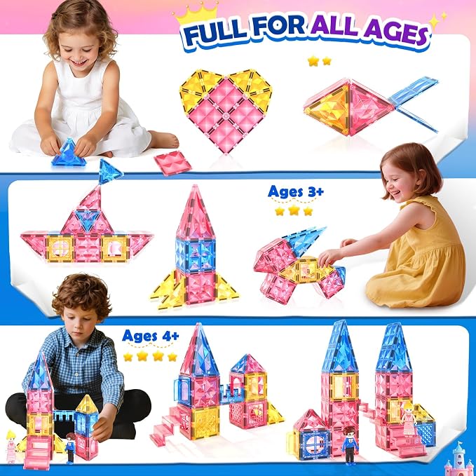 Soyee Diamond Magnetic Tiles Magnet Building Blocks - Princess Castle Toys for Girls & Boys Age 3-8 Birthday Present 5 6 7 8 9 10 Year Old Gifts for Kids Classroom