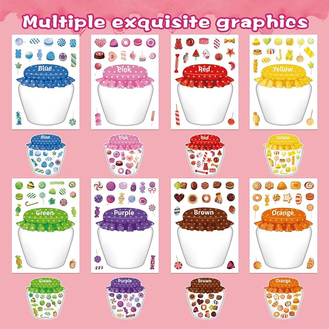24 Sheets Candy Stickers Colorful, Make Your Own Sweets Jar Sticker for Kids, 8 Color Designs Candy Party Sweets Themed Dessert, Teacher Reward Decals for Home Classroom