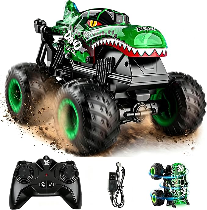 Remote Control Dinosaur Car for Boys 4-7 8-12, Sturdy 1:20 Scale RC Monster Truck with LED Lights Roar Sound, 2.4GHz All Terrain Off Road Toy, Birthday (Green)
