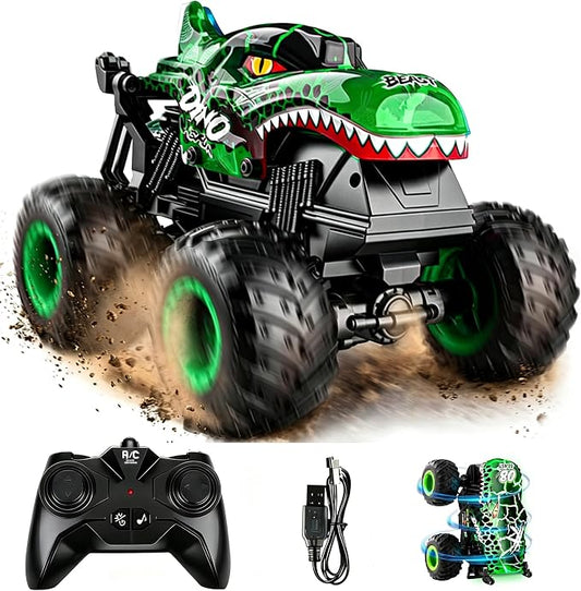 Remote Control Dinosaur Car for Boys 4-7 8-12, Sturdy 1:20 Scale RC Monster Truck with LED Lights Roar Sound, 2.4GHz All Terrain Off Road Toy, Birthday (Green)