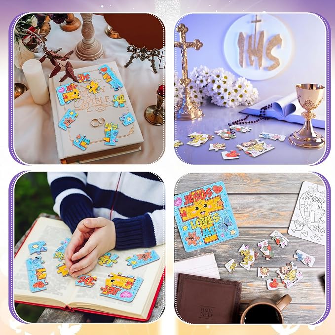 Realspring 24 Pack Religious Jesus Loves Me Color Your Own Jigsaw Puzzles for Kids 3-5, 4-6, 6-8, Coloring Crafts DIY Paper Puzzles Party Favors Gifts for Toddler Children Learning Education Toys