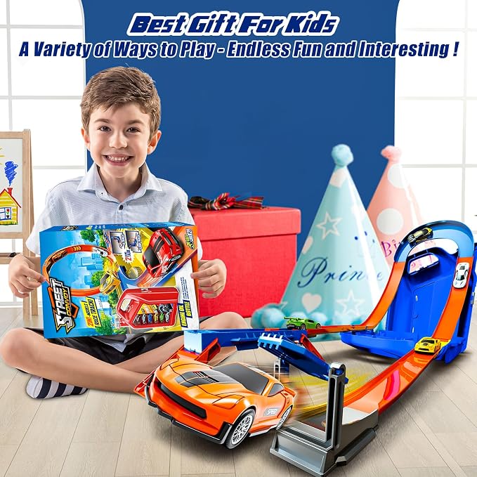 Race Track Toy Car Set with 2 Race Cars,2 in 1 Car Tracks Style with Storage Box,Changeable Tracks Toys Birthday Easter Gifts for Kids 3 4 5 6 7 8+Year Old Boys Girls (Blue)