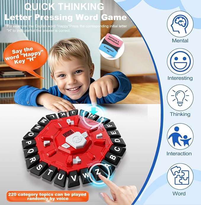 Word Game Family Board Games for Kids & Adults with 2 Modes,220 Topic Categories 24 Letters Pressing Games,Fun Fast-Paced Learning Game with English Pronunciation for Boys Girls Age 3+,35 Cards,Red