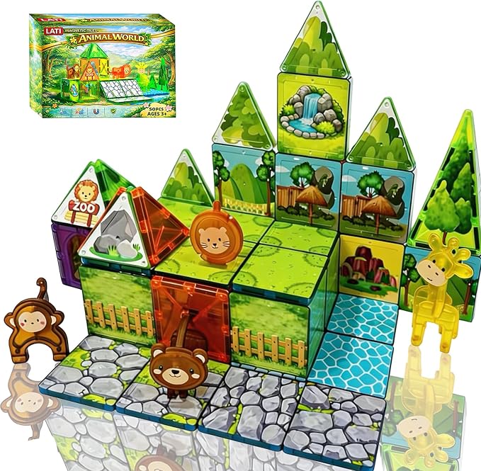 LATI Magnetic Tiles Building Set, Zoo World Animal Magnet Blocks with Giraffe, Lion & Bear, STEM Build & Play Toy for Kids Ages 3-8, Educational Gift for Boys & Girls