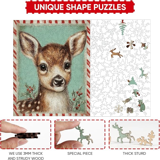 MEATRN Puzzles for Adults & Kids - Christmas Fawn Holiday Wooden Jigsaw Puzzle with Storage Box, 500 Pcs, 13.3"×16.7", Best Gift for Friends, Festive Family Game Night & Home Decor