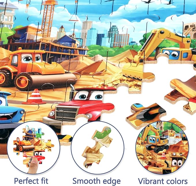 MZZOTOY Construction Vehicles Puzzles for Kids Ages 4-8, 60 Pieces Jigsaw Puzzles for Kids Ages 3-5 Puzzle for Girls and Boys Learning Educational Puzzles Toys in a Metal Box