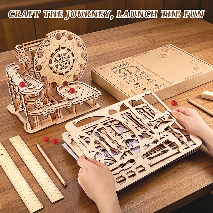 3D Wooden Puzzles for Adults Marble Run Model Building Kit, 178pcs Astrolabe Sphere with Red Marbles, DIY Craft Hobby Set, Creative Mechanical Puzzle Gift for Adult & Teens