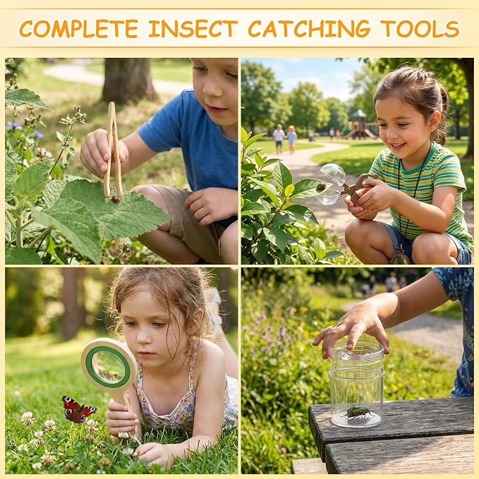 SainSmart Jr. Bug Catcher for Kids - Wooden Bug Habitat with Magnified Viewer, Butterfly Net, Observation Box, Tweezers & 15 Cards, Outdoor Toys & STEM Toys for Boys & Girls Ages 3+, Green