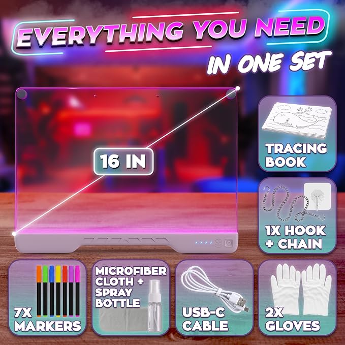 Upgraded 16” LED Drawing Board – Rechargeable, 7 Colors, 10 Light Modes, Adjustable Brightness – Acrylic Light Board for Tracing with Stand, Markers and Full Kit – Birthday Gift Set (Pink)