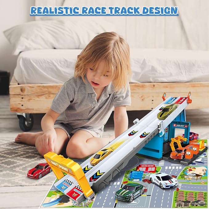 Race Tracks for Kids Ages 3-5, Racing Car Toys Set with Foldable 2 Layer Track and 6 Alloy Race Cars for Toddlers Boys, Best Birthday Xmas Gifts for Kids Age 3 4 5 6+ Years Old (Blue)