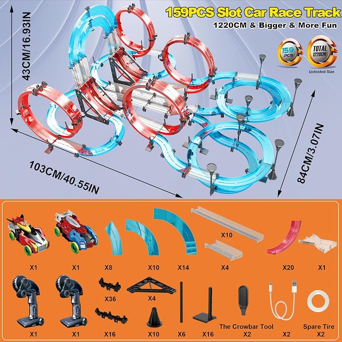 Slot Car Race Track Sets Dual-Player Electric Remote Control Cars Magnetic Cars Racing Game with Hand Controllers Circular Overpass Track Birthday Toys for Boys Kids 6 7 8-12