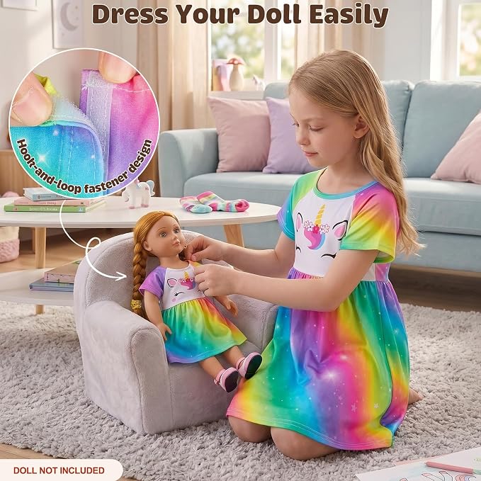 Play Tailor Doll and Girl Matching Nightgown Unicorn Outfit Pajamas Night Dress for Girls and 18" Dolls Clothes