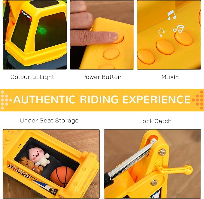 Qaba No Power 2 in 1 Ride On Excavator with Helmet and Claw, Construction Truck Set, Multi-Functional Digger with Storage, Light and Music, Yellow