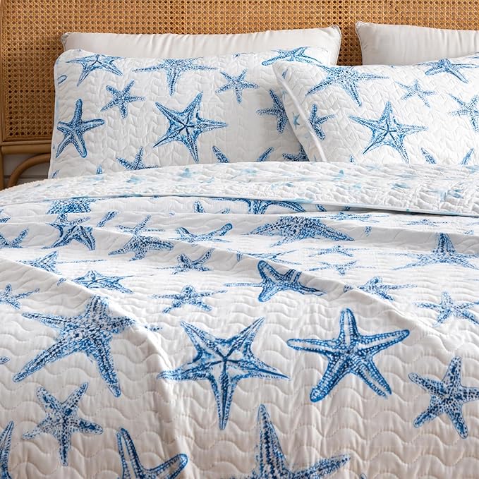 Great Bay Home Coastal Quilt Set - 3-Piece King/California King Size Nautical Bedding Set - Lightweight, All-Season, Reversible Starfish Bedspread (Blue)