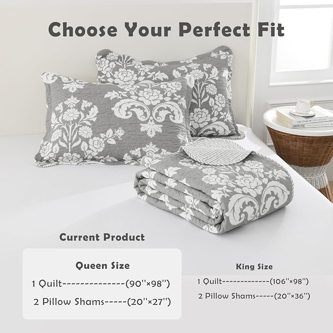 Queen Size Quilt - 100% Cotton Grey Quilt Set, Gray Floral Pattern Farmhouse Bedspread Set, Queen Lightweight Reversible Queen Quilt Bedding Set for All Season,Gray Grey White 3-Piece
