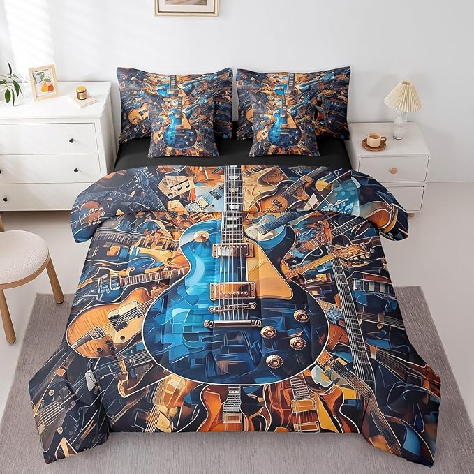 Feelyou Guitar Comforter Set with Sheets King Size Rock Music Bed in a Bag for Boys Girls Teens Blue Brown 7 Pieces Bedding Set Soft Lightweight Microfiber