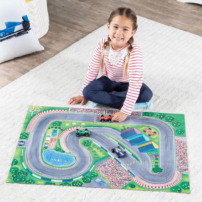 Peaceable Kingdom Jumbo Racetrack Floor Puzzle Bundle with 3 Wood Cars – Large Jigsaw Gift for Toddlers and Kids Ages 3-5 – Puzzle and Play: Race Day