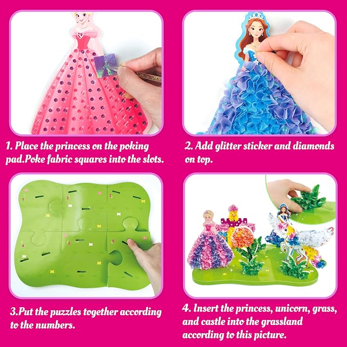 AGENTLAN Poke Art Princess & Unicorn Kit, Mess-Free Craft Set for Girls | Princess & unicorn designs, pre-cut fabric squares, poke craft activity, screen-free toy, birthday gift for girls ages 3-8