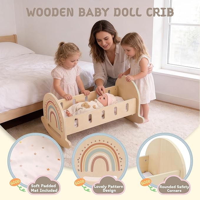FReniland Wood Rocking Doll Crib for Dolls up to 18 Inches, Wooden Baby Doll Bed Dolls Cradle with Blanket & Pillow, Classic Pretend Play Toy for Kids Ages 3+