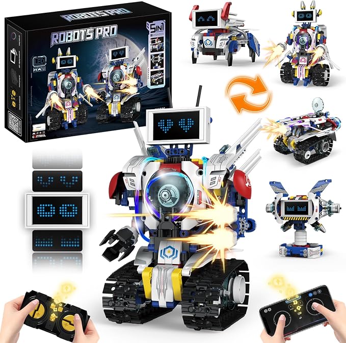 VOPOGLNE 5 in 1 STEM Robot Building Kit, APP & Remote Control Screen Building Toys, Eye Coding Robots Rechargeable, 620Pcs DIY Super Warriors for Kids Learning, Boys Girls Birthday Gifts