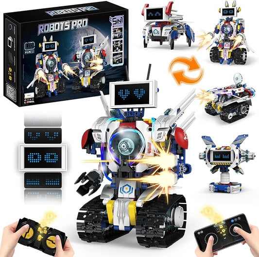 VOPOGLNE 5 in 1 STEM Robot Building Kit, APP & Remote Control Screen Building Toys, Eye Coding Robots Rechargeable, 620Pcs DIY Super Warriors for Kids Learning, Boys Girls Birthday Gifts