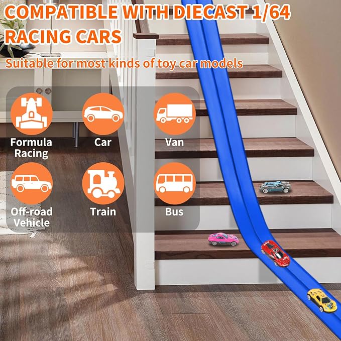 Flex Track Race Set for Kids, 15FT Starter Set Car Track with 4 Suction Cups and 6 Diecast 1/64th Cars - STEM Racing Toy for Boys & Girls Ages 3+ (Upgrade Orange) (Upgrade-Blue)