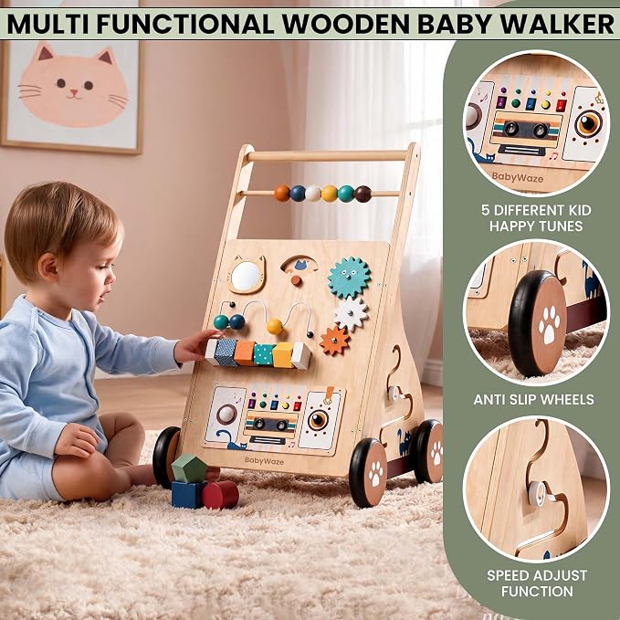 Baby Walker with Wheels - Adjustable Speed Wooden Push Walker for Babies 9-18 Months, 3in1 Montessori Sit to Stand Learning Toy with Musical Board, Shape Sorter & Bead Maze, Boys Girls